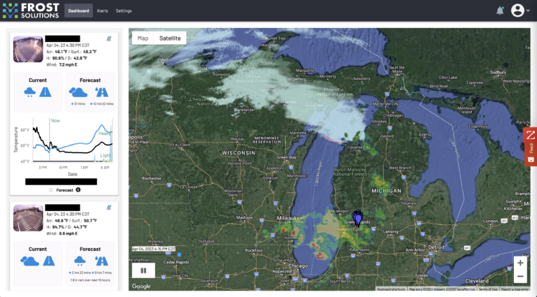 A screenshot of the Frost platform showing radar across the upper midwest.
