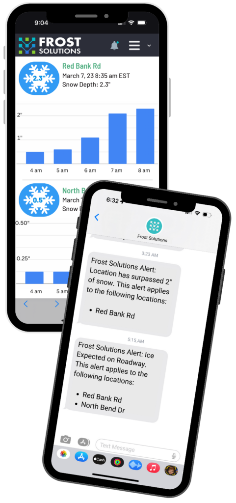 Phones showing a chart and alert from Frost Solutions about the depth of snow.