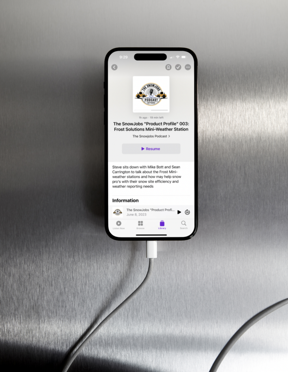 Picture of a phone showing the Snowjobs podcast episode featuring Frost Solutions.