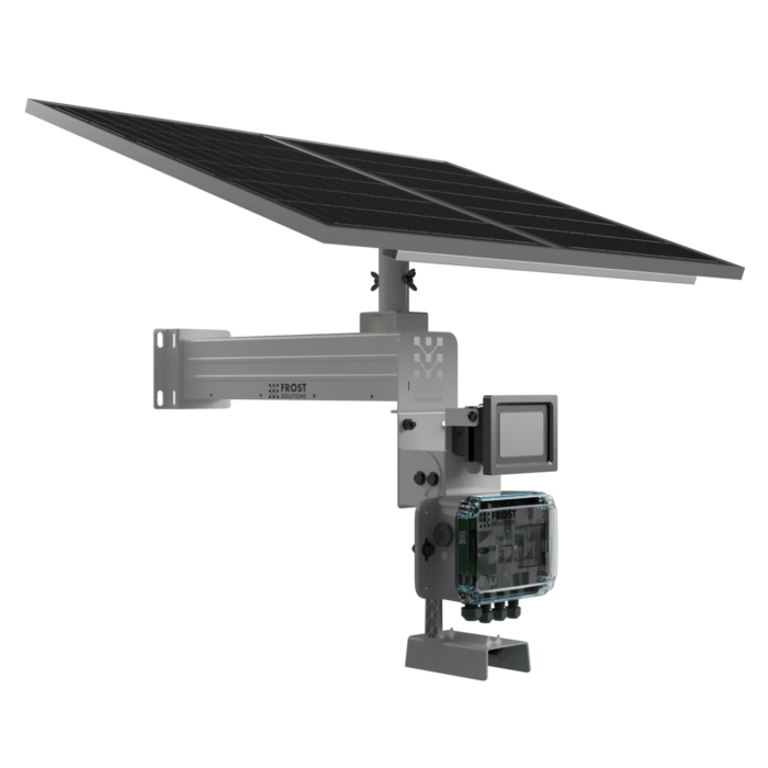 A mini weather station from Frost Solutions with a temperature sensor, camera, solar panel, and more.