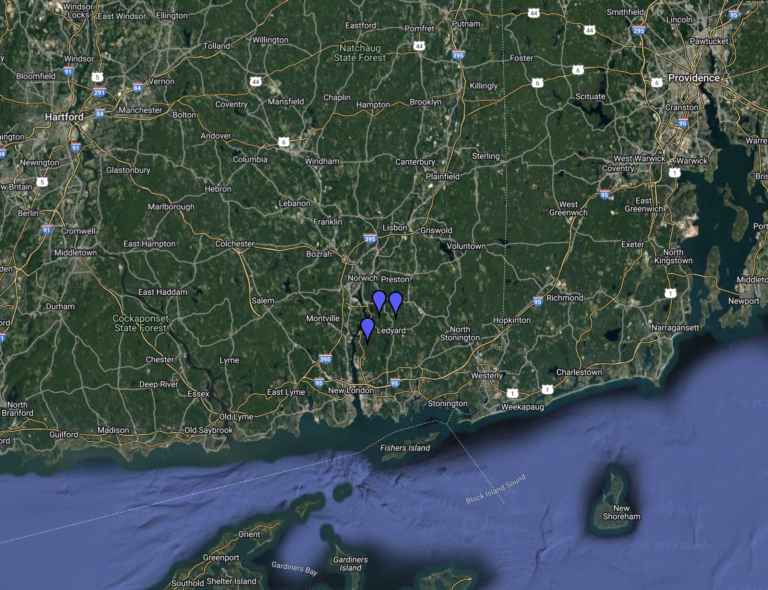 A map showing three pins of where mini weather stations are located in Ledyard, CT