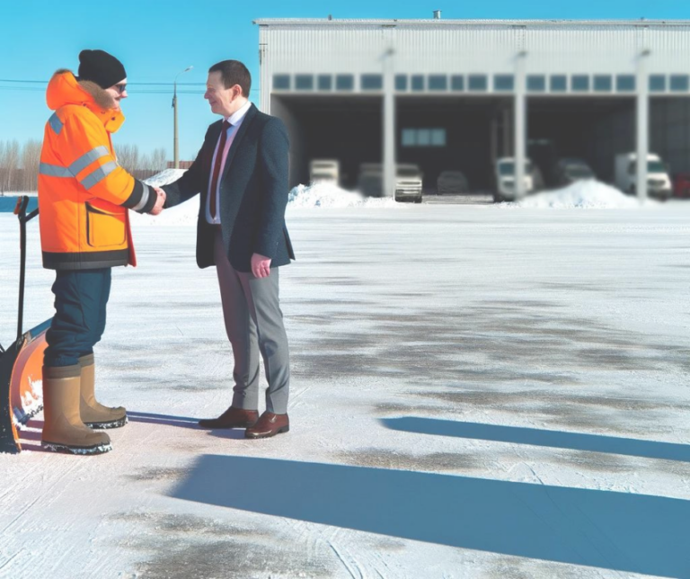 A snow plow contractor shakes hands with the property manager after clearing the lot of snow.