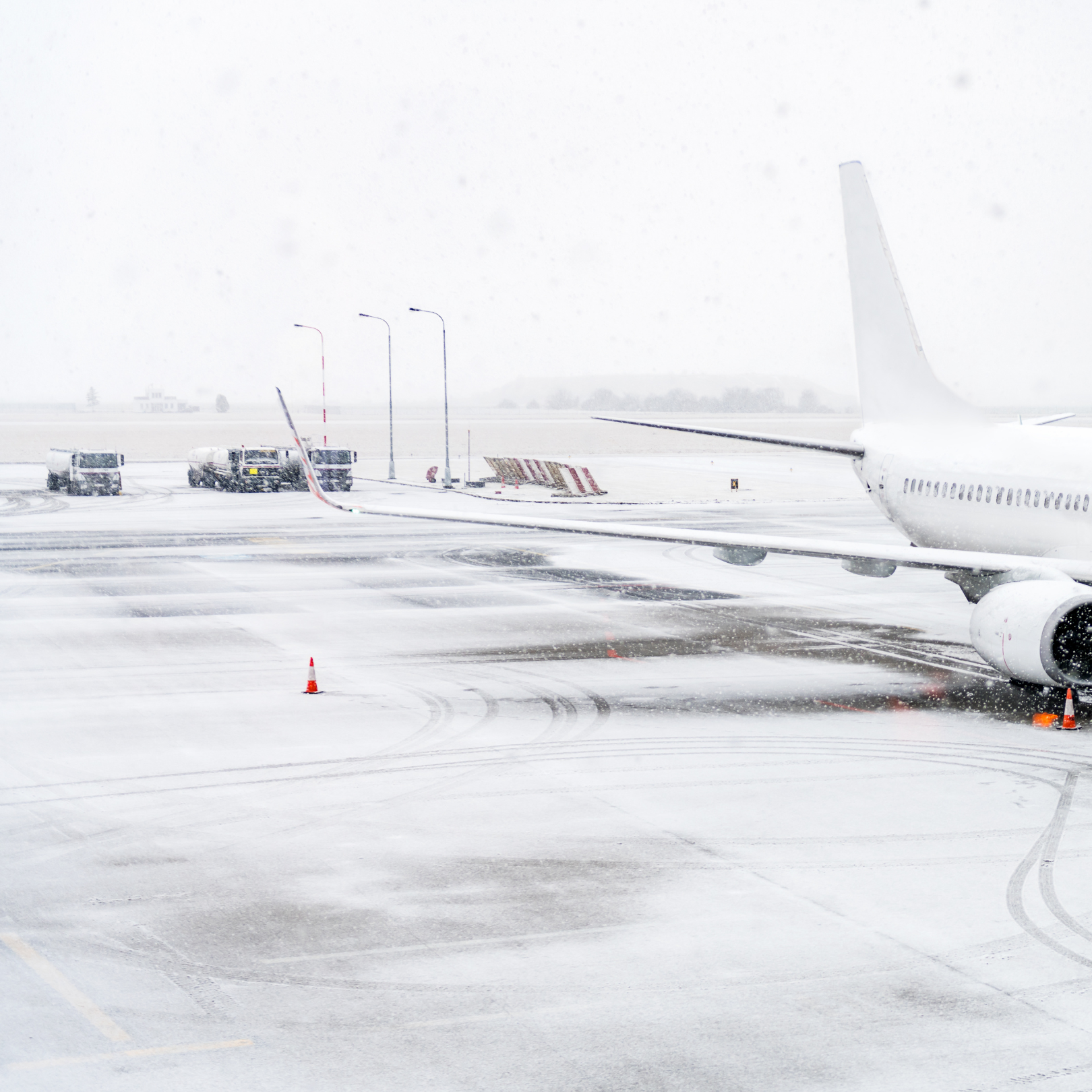 Snow management at airports is critical to operations. Image shows an airport runway with light dusting of snowfall.