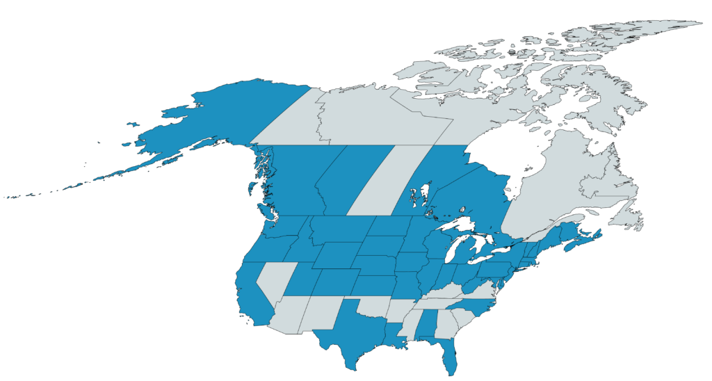 Shows a map of North America where Frost customers are located. Frost Solutions is currently in 37 US states and 7 Canadian provinces.